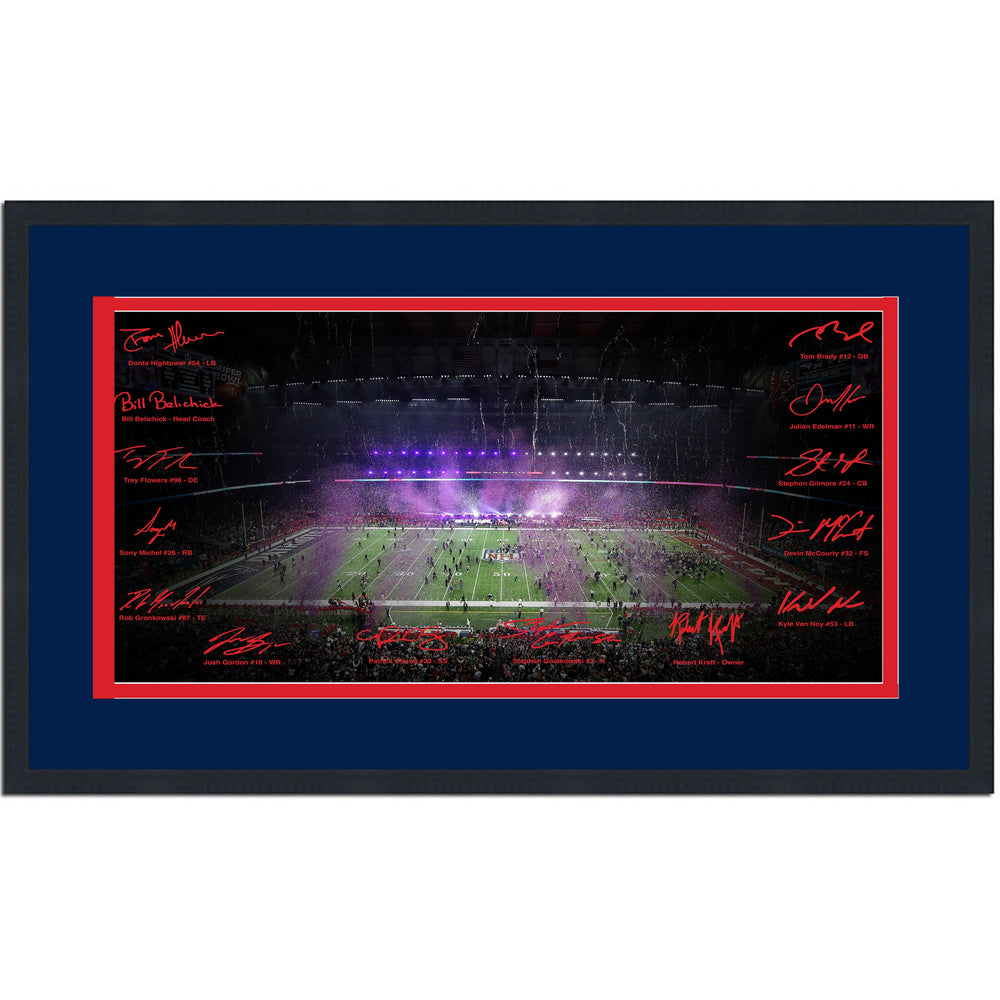Framed New England Patriots Super Bowl LI Champions Facsimile Signature Team Auto 16x24 Football Photo (ONLINE ORDER ONLY)