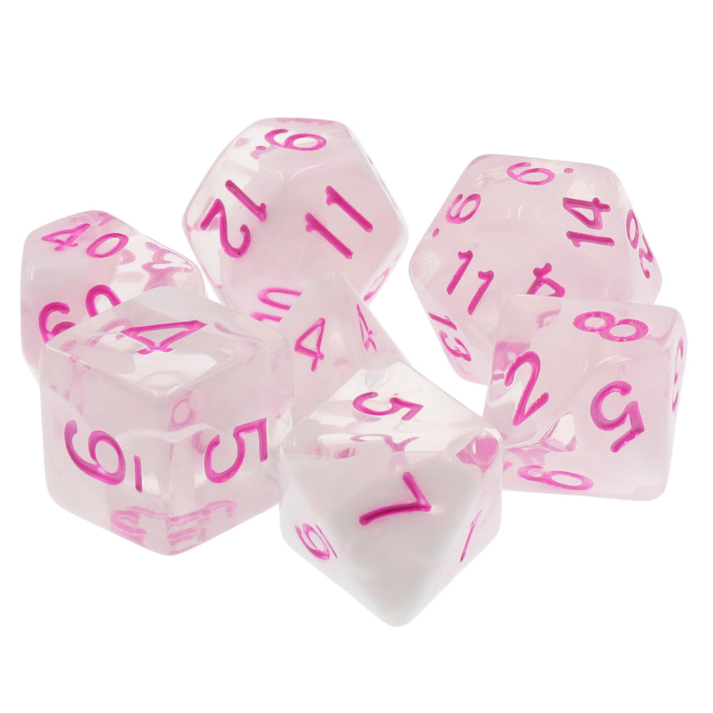 Cloudy Passion Translucent White Swirl Poly Dice Set with Pink (7) RPG DnD HdDice (Online Only)
