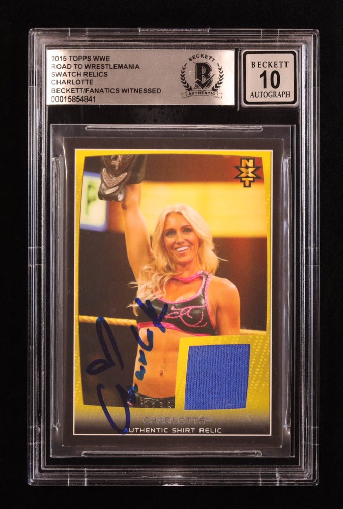 Charlotte Flair Signed 2015 Topps WWE Road to WrestleMania Swatch Relics #NNO (BGS | Auto 10) (Online Order Only)
