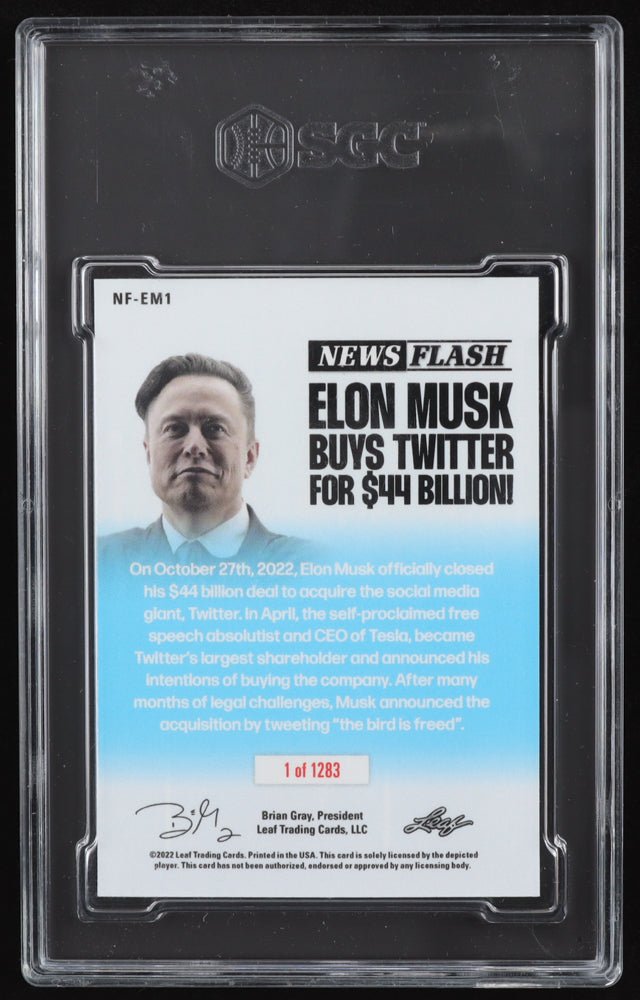 Elon Musk 2022 Leaf Pop Century News Flash "ELON MUSK BUYS TWITTER"  #NFEM1 (SGC 9.5) (Online Order Only)