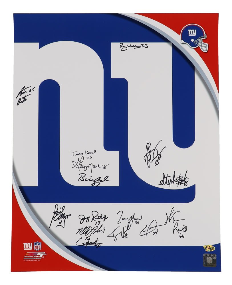 New York Giants 16x20 Photo Team-Signed by (15) with Terry Kinard, Bart Oates, Gary Reasons, William Roberts, Elvis Patterson, Raul Allegre (MAB) (Online Order Only)