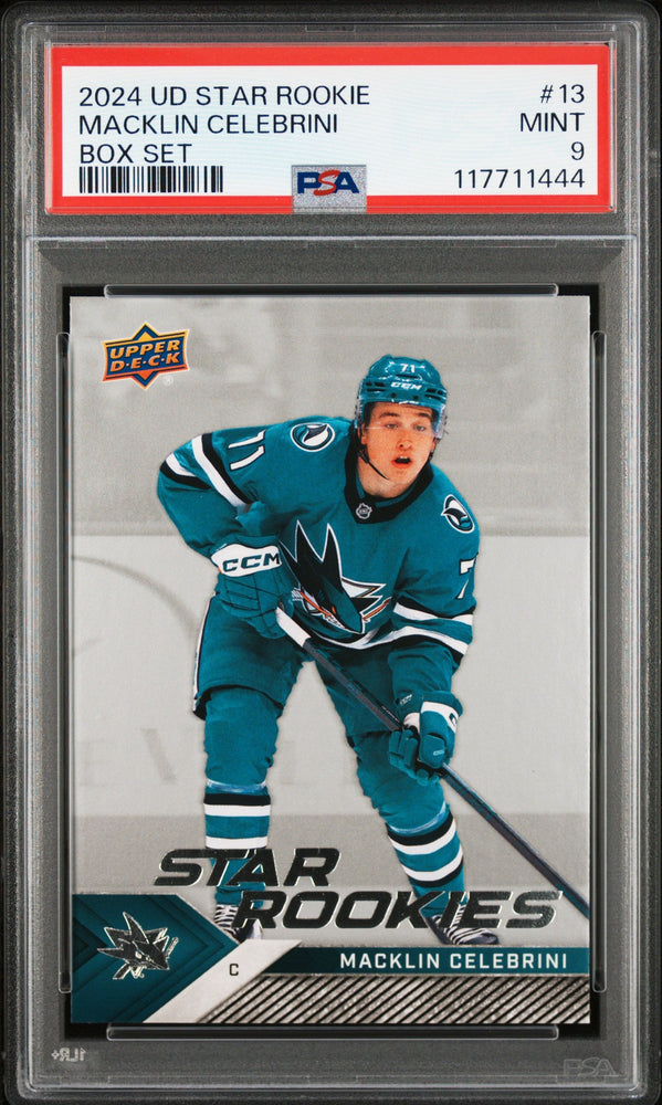 Graded 2024 Upper Deck Star Rookie Macklin Celebrini #13 Box Set Rookie RC Hockey Card PSA 9 Mint (ONLINE ORDER ONLY)