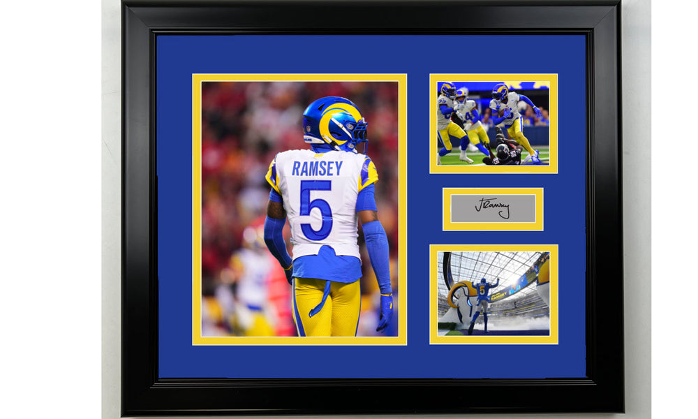 Framed Jalen Ramsey Los Angeles Rams Facsimile Laser Engraved Signature Football 14x11 3 Photo Collage (ONLINE ORDER ONLY)