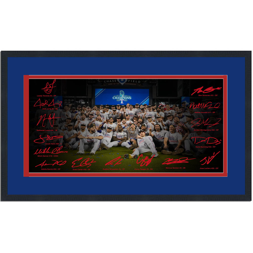 Framed Texas Rangers 2023 World Series Champions Facsimile Signature Team Auto 16x24 Baseball Photo (ONLINE ORDER ONLY)