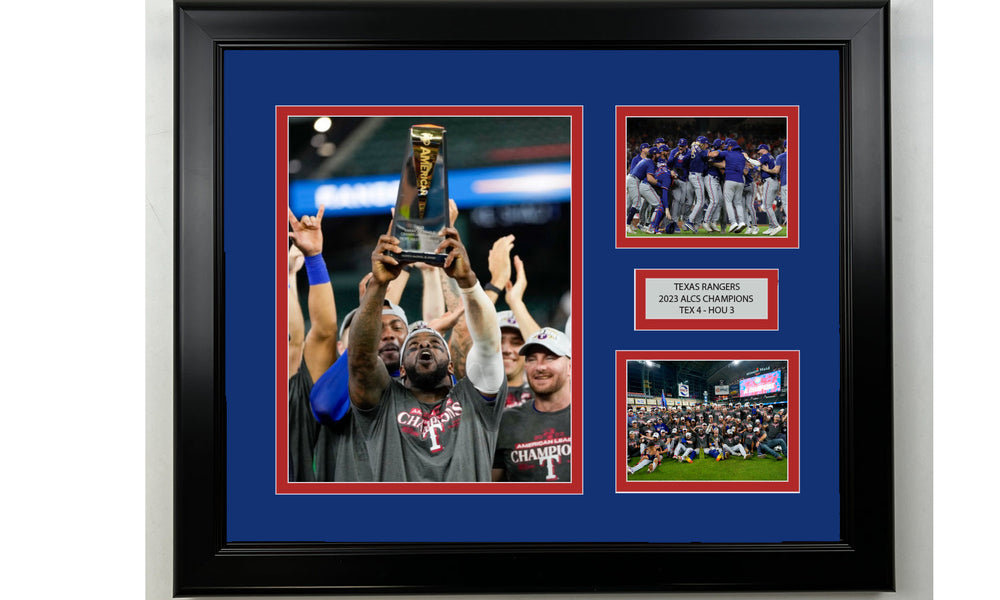 Framed Texas Rangers 2023 ALCS Champions Facsimile Laser Engraved Signature Baseball 14x11 3 Photo Collage (ONLINE ORDER ONLY)