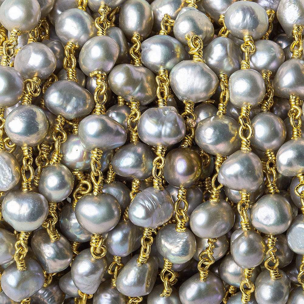 7x6mm Rose' Silver side drilled Baroque Pearl Gold plated Chain (ONLINE ORDER ONLY)