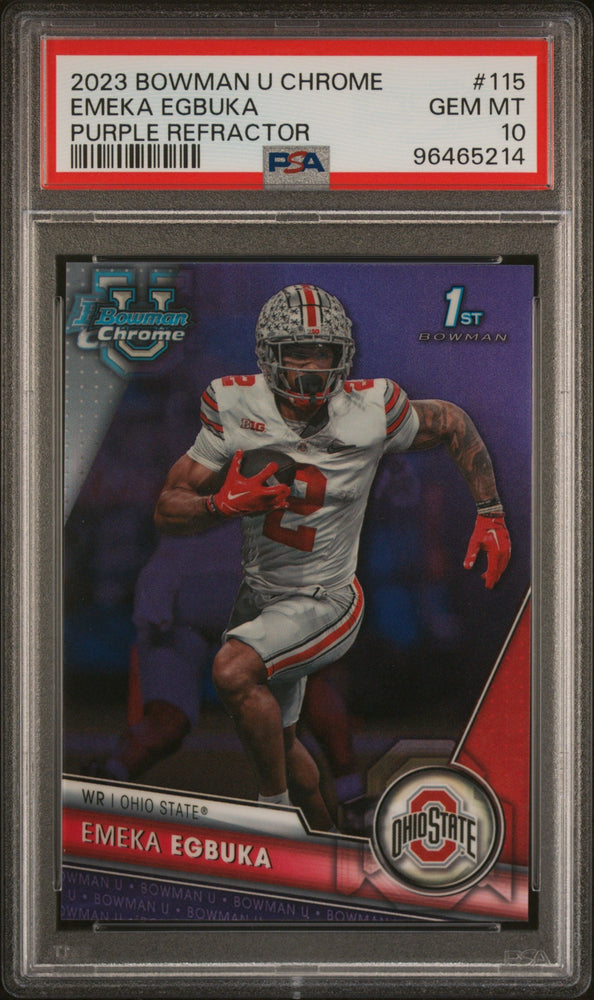 Graded 2023 Topps Bowman U Chrome Emeka Egbuka #115 Purple Refractor /399 Rookie RC Football Card PSA 10 Gem Mint (ONLINE ORDER ONLY)