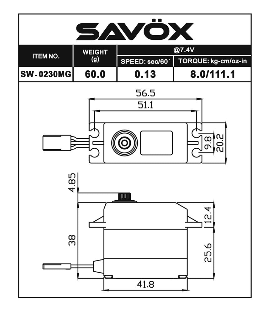Savox SW0230MGP Waterproof Standard Digital Servo Soft Start (ONLINE ORDER ONLY)