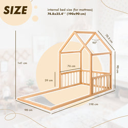 Wooden Montessori House Floor Bed with Fence and Roof for Kids (190x90 cm) (ONLINE ORDER ONLY)