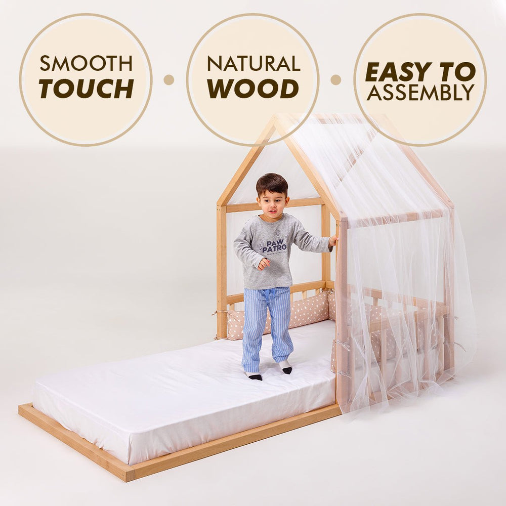 Small Wooden Montessori House Floor Bed with Fence and Roof for Kids (75x38 inch) (ONLINE ORDER ONLY)