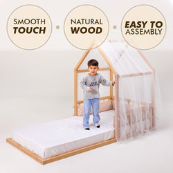 Small Wooden Montessori House Floor Bed with Fence and Roof for Kids (75x38 inch) (ONLINE ORDER ONLY)