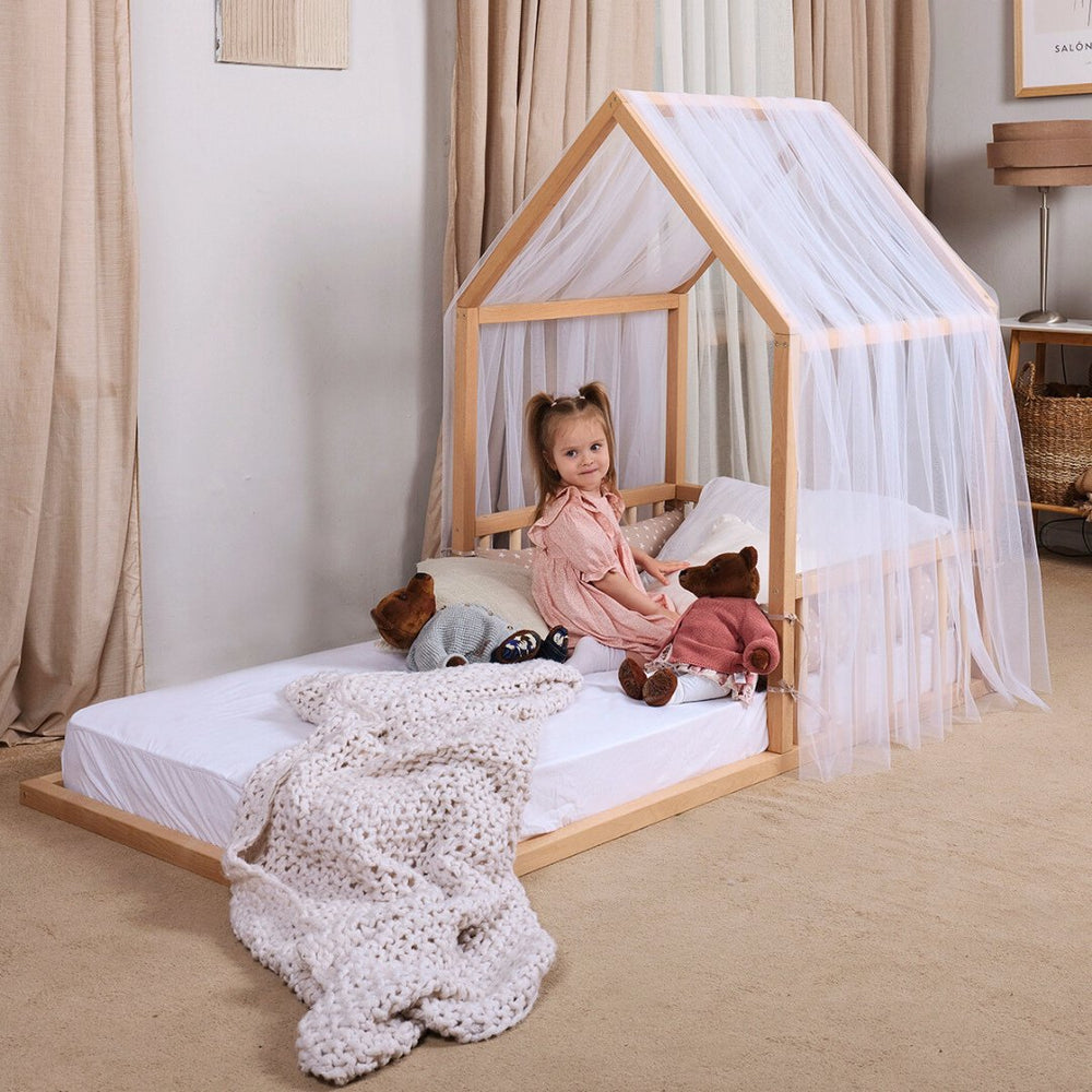 Small Wooden Montessori House Floor Bed with Fence and Roof for Kids (75x38 inch) (ONLINE ORDER ONLY)