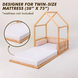Small Wooden Montessori House Floor Bed with Fence and Roof for Kids (75x38 inch) (ONLINE ORDER ONLY)