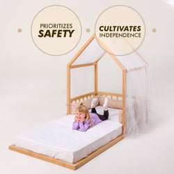 Small Wooden Montessori House Floor Bed with Fence and Roof for Kids (75x38 inch) (ONLINE ORDER ONLY)