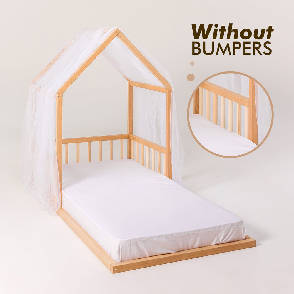 Small Wooden Montessori House Floor Bed with Fence and Roof for Kids (75x38 inch) (ONLINE ORDER ONLY)