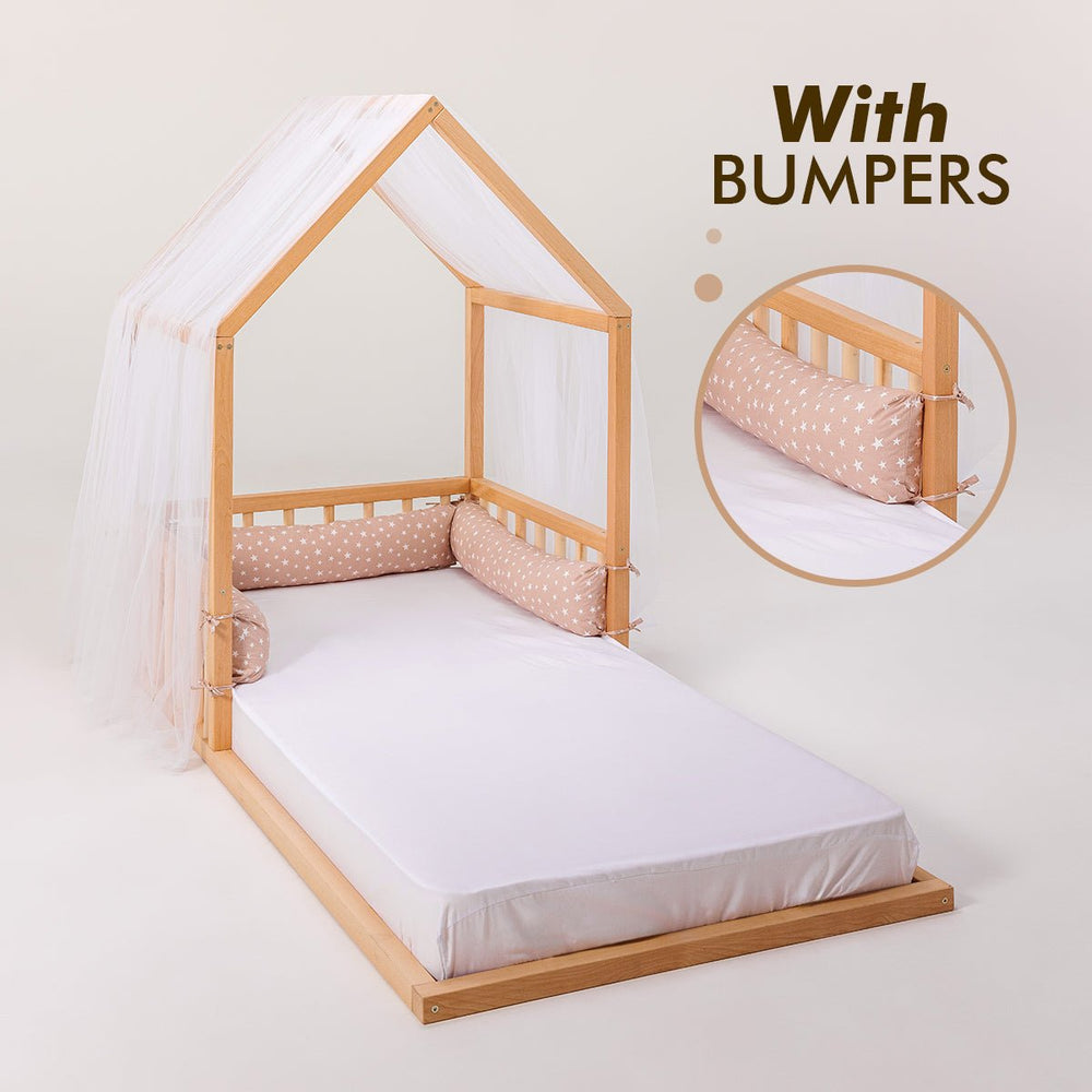 Small Wooden Montessori House Floor Bed with Fence and Roof for Kids (75x38 inch) (ONLINE ORDER ONLY)