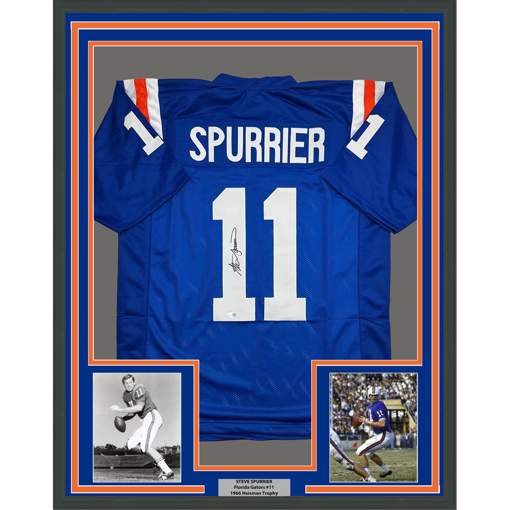 Framed Autographed/Signed Steve Spurrier 35x39 Florida Blue College Football Jersey JSA COA