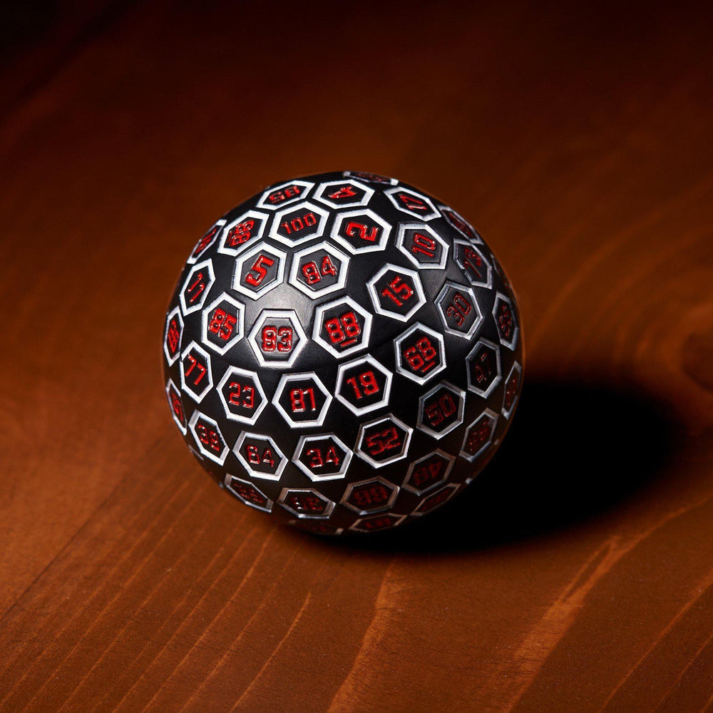 The Orb D100 -  White, Red, and Black Metal Die (ONLINE ORDER ONLY)