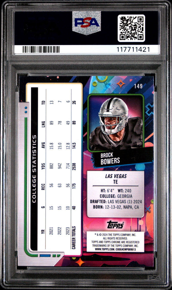 Graded 2024 Topps Cosmic Chrome Brock Bowers #149 Rookie RC Football Card PSA 10 Gem Mint (ONLINE ORDER ONLY)