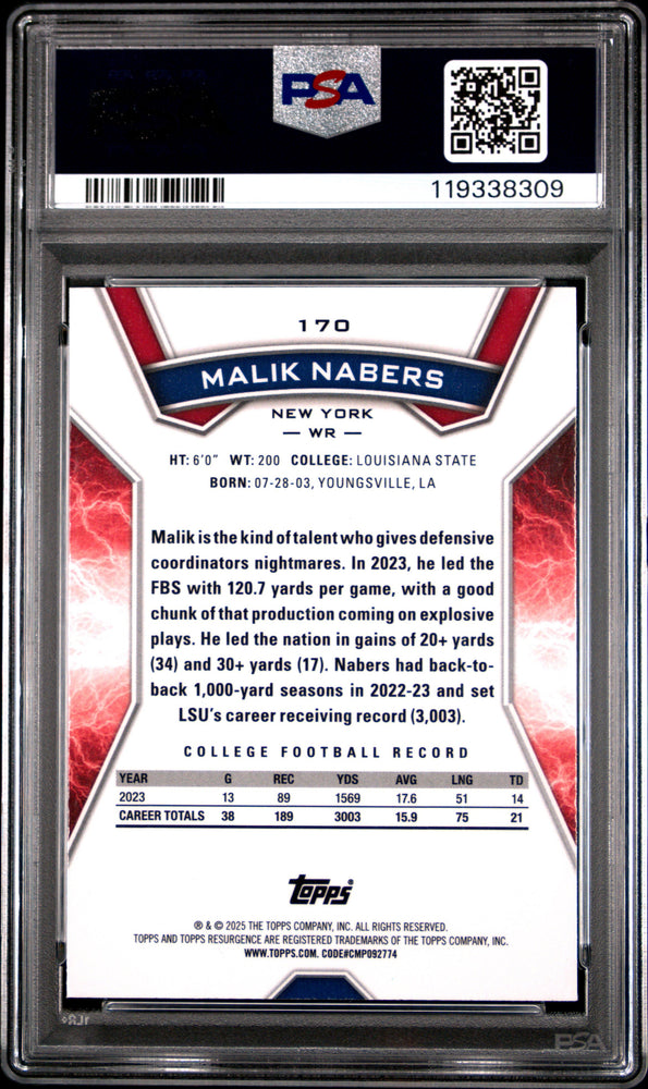 Graded 2024 Topps Resurgence Malik Nabers #170 Blue & Orange Spark Rookie RC Football Card PSA 10 Gem Mint (ONLINE ORDER ONLY)