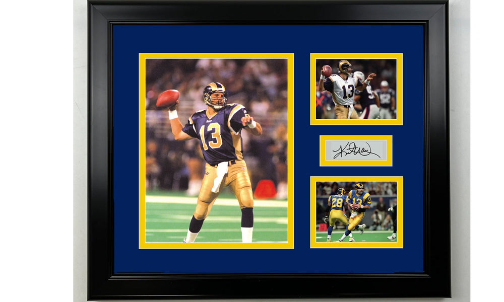 Framed Kurt Warner St. Louis Rams Facsimile Laser Engraved Signature Football 14x11 3 Photo Collage (ONLINE ORDER ONLY)