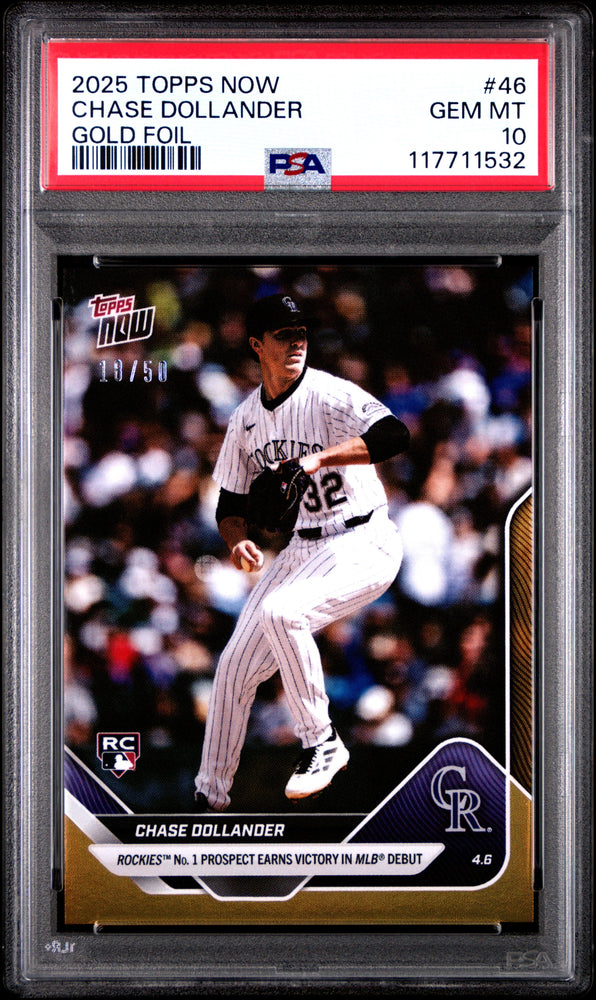 Graded 2025 Topps Now Chase Dollander #46 Gold Foil /50 Rookie RC Baseball Card PSA 10 Gem Mint (ONLINE ORDER ONLY)