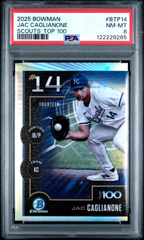 Graded 2025 Topps Bowman Jac Caglianone #BTP14 Scouts Top 100 Rookie RC Baseball Card PSA 8 Near Mint (ONLINE ORDER ONLY)