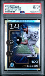 Graded 2025 Topps Bowman Jac Caglianone #BTP14 Scouts Top 100 Rookie RC Baseball Card PSA 8 Near Mint (ONLINE ORDER ONLY)