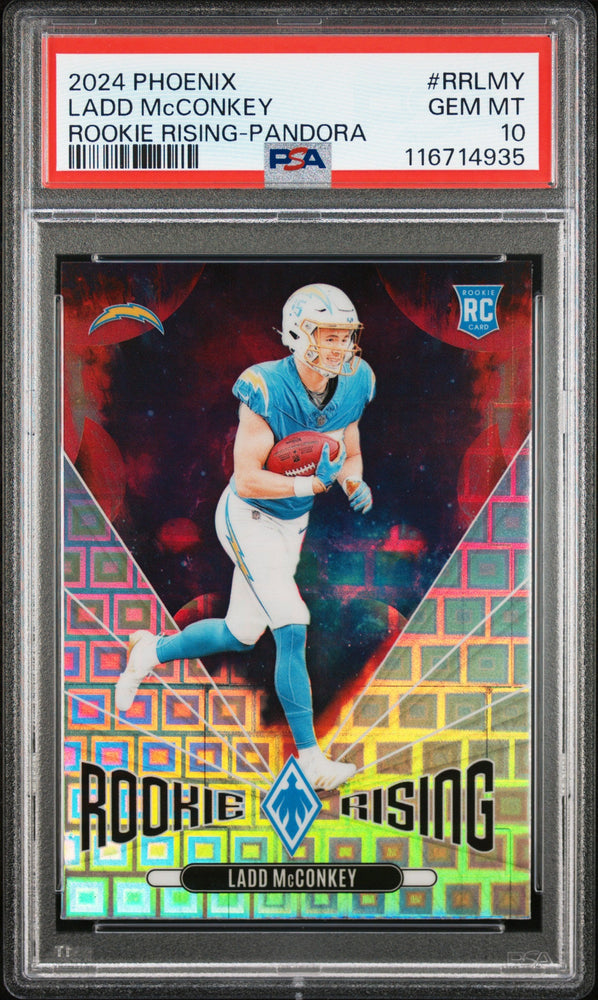 Graded 2024 Panini Phoenix Ladd McConkey #RRLMY Rookie Rising Pandora Rookie RC Football Card PSA 10 Gem Mint (ONLINE ORDER ONLY)