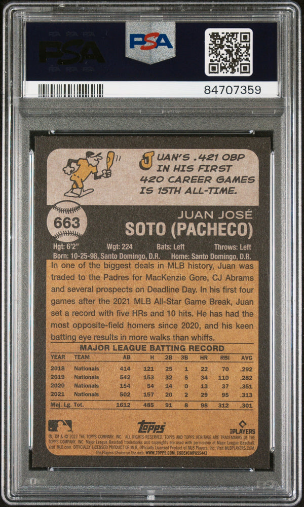 2022 TOPPS HERITAGE JUAN SOTO  #663 - PSA 10 (Online Order Only)