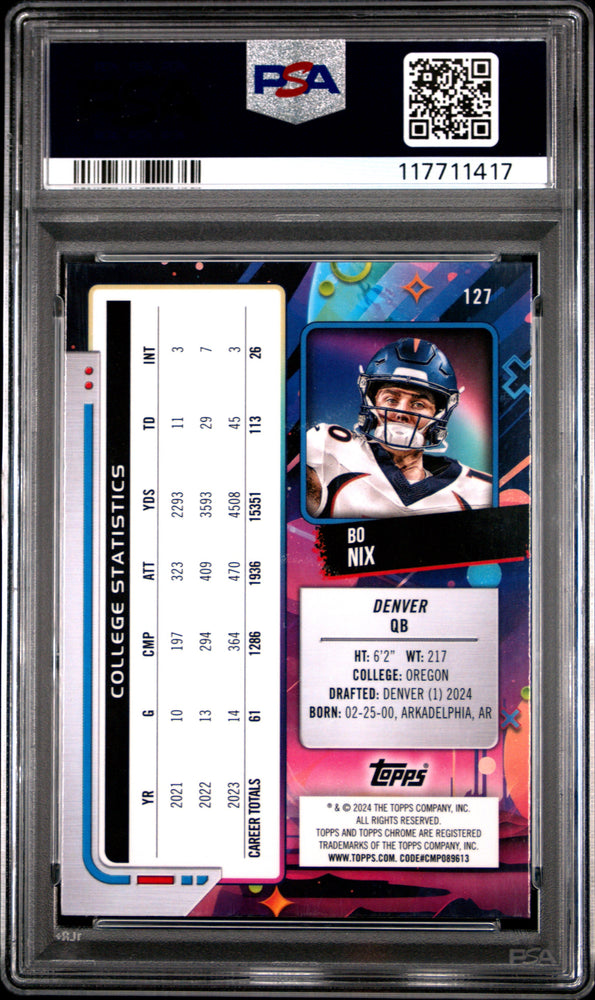 Graded 2024 Topps Cosmic Chrome Bo Nix #127 Rookie RC Football Card PSA 9 Mint (ONLINE ORDER ONLY)
