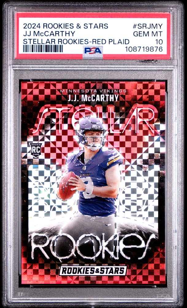 Graded 2024 Panini Rookies & Stars JJ McCarthy #SRJMY Stellar Rookies Red Plaid Rookie RC Football Card PSA 10 Gem Mint (ONLINE ORDER ONLY)