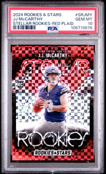 Graded 2024 Panini Rookies & Stars JJ McCarthy #SRJMY Stellar Rookies Red Plaid Rookie RC Football Card PSA 10 Gem Mint (ONLINE ORDER ONLY)